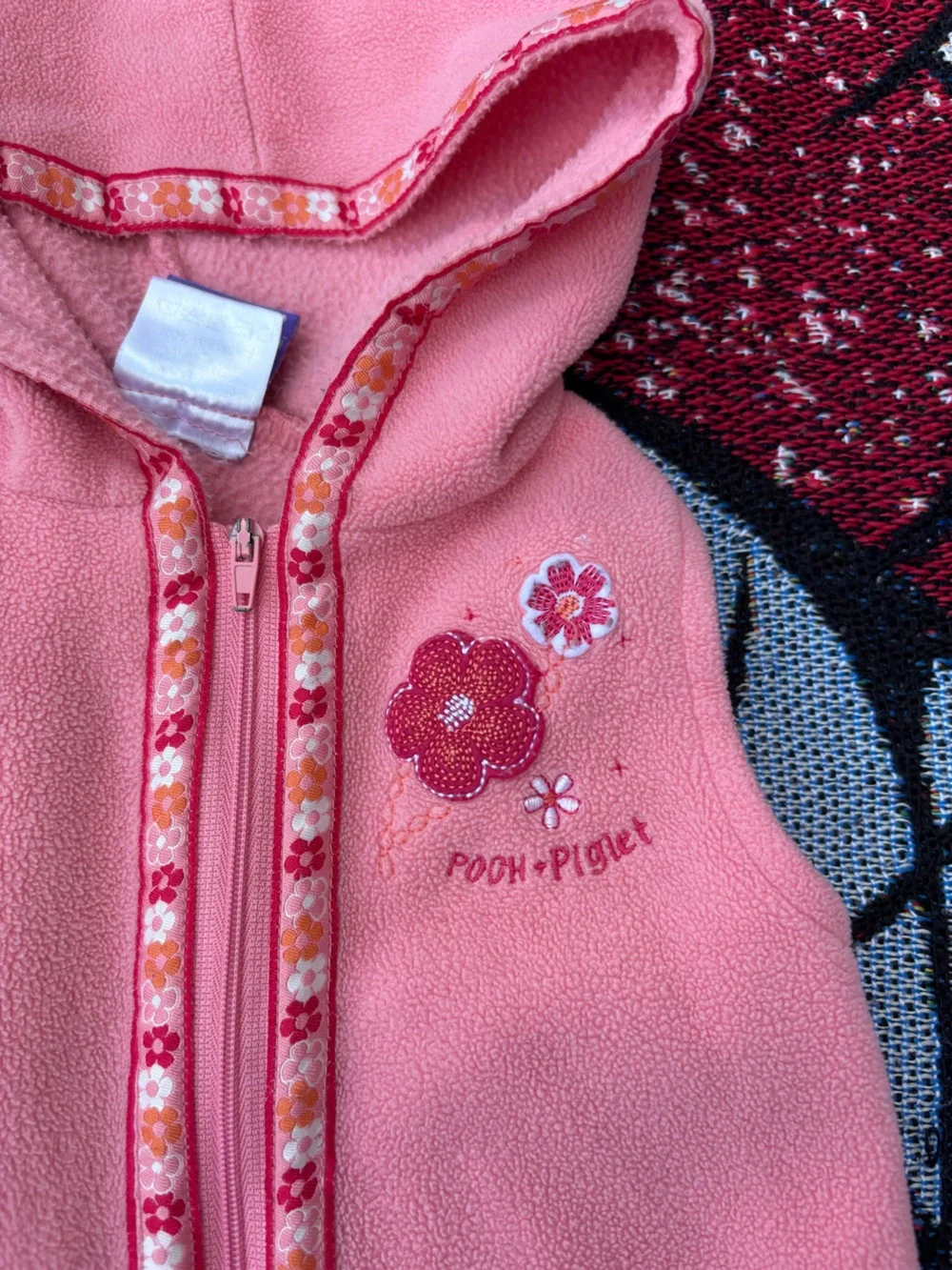 VTG DISNEY PEACH PINK POOH PIGLET FLEECE ZIP UP HOODED VEST SIZE 9 MONTHS